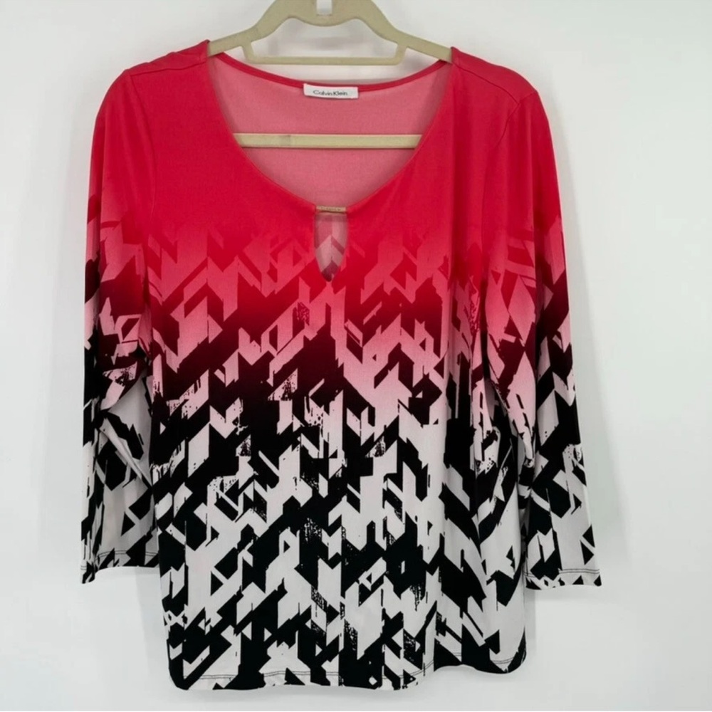 2X Calvin Klein womens peach black pattern knit key hole size large 3/4 sleeve